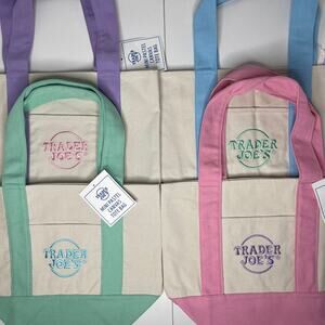 LOT Set of 4 — Trader Joe’s Canvas MINI Tote Bag — Pastel Purple Green Pink Blue